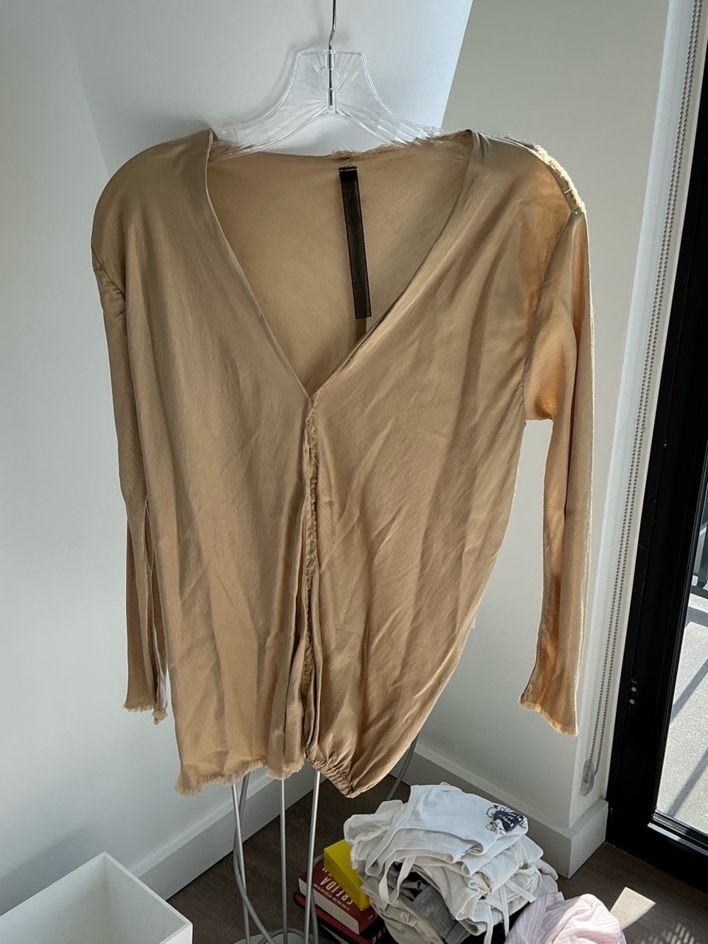 Jaga tan long sleeve silk top